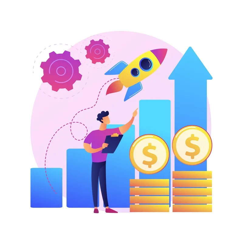 Businessman with a rocket and money atop a bar chart, symbolizing a boost in sales and revenue growth.