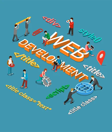 Isometric illustration depicting web development concepts, emphasizing productive website design techniques