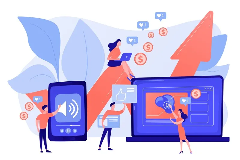 People using smartphones to engage in direct marketing and generate income through various online channels.  