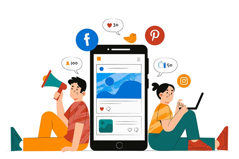 Two individuals seated on the floor, engaging with their phones displaying various social media icons.  