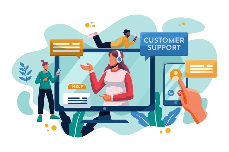 Illustration of customer support with individuals using a computer and phone to assist clients effectively.  