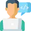 Icon of a man with a laptop and speech bubble, emphasizing user-centered design in web development.