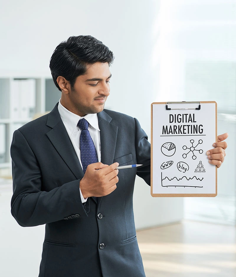 Young businessman with a clipboard, showcasing a digital marketing concept emphasizing guaranteed results.
