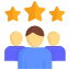 Icon of a group of people with five stars above their heads, symbolizing a talented team in website design.