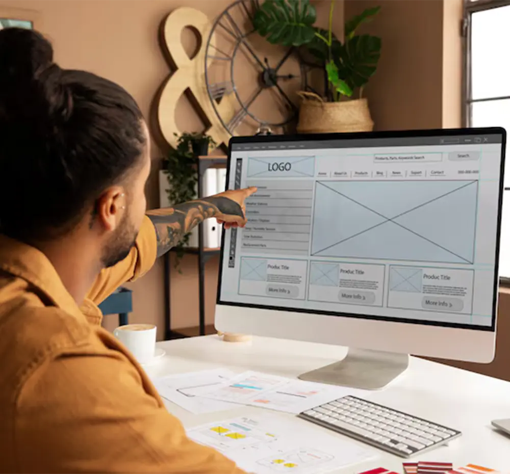Web designing company expert creating a website layout focused on brand identity, logo placement, and structured header design.
